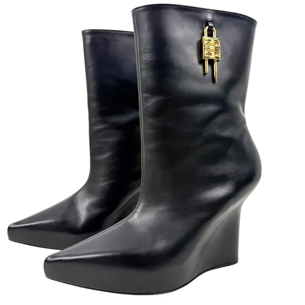 Givenchy G Lock Hidden Wedge Leather Ankle Boots Black Size 39.5